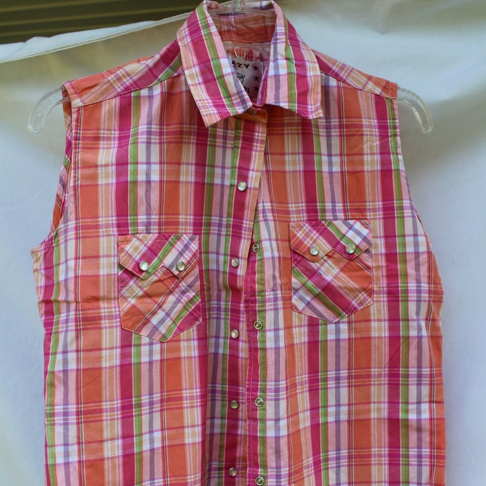 Crazy Cowgirl Plaid Sleeveless Button Shirt Sz S